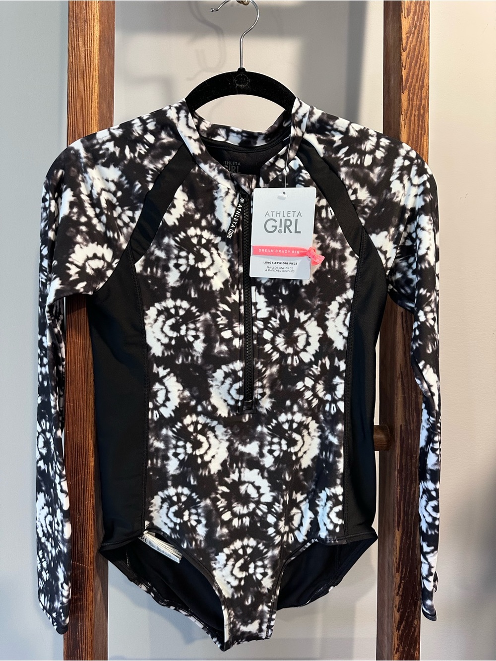 Athleta Girl Black & White Tie-Dye Long-Sleeve One-Piece